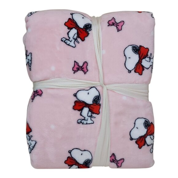 Peanuts Snoopy Full/Queen Plush Blanket 90"x90" Berkshire Pink With Bow Pattern - Picture 4 of 8